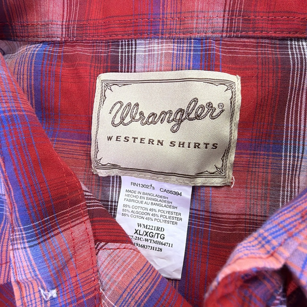 Wrangler Mens XL Red White & Blue Plaid Pearl Snaps Short Sleeve Button Up Shirt - Picture 2 of 8